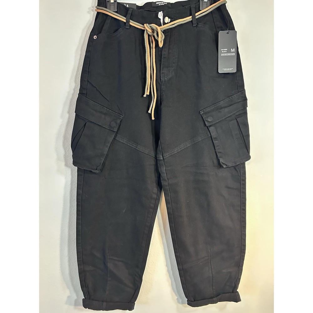 American Bazi Women's Black High Rise Cargo Pants Size Medium NEW